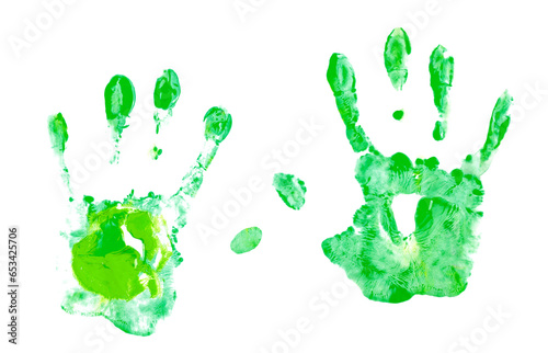 Set green hand print, paint watercolor isolated on white, clipping