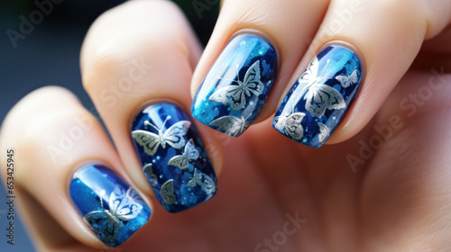 Beautiful female hands with manicure close-up  modern stylish nail design with butterflies