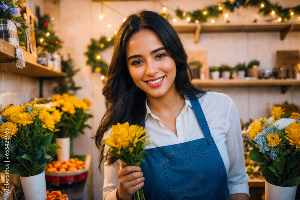 Portrait of smiling happy young woman prepares Christmas bouquets of flowers in a small flower shop at early morning. Concept of biophilia lifestyle