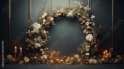  a wreath of flowers and candles on a dark background with a blue backdrop. generative ai