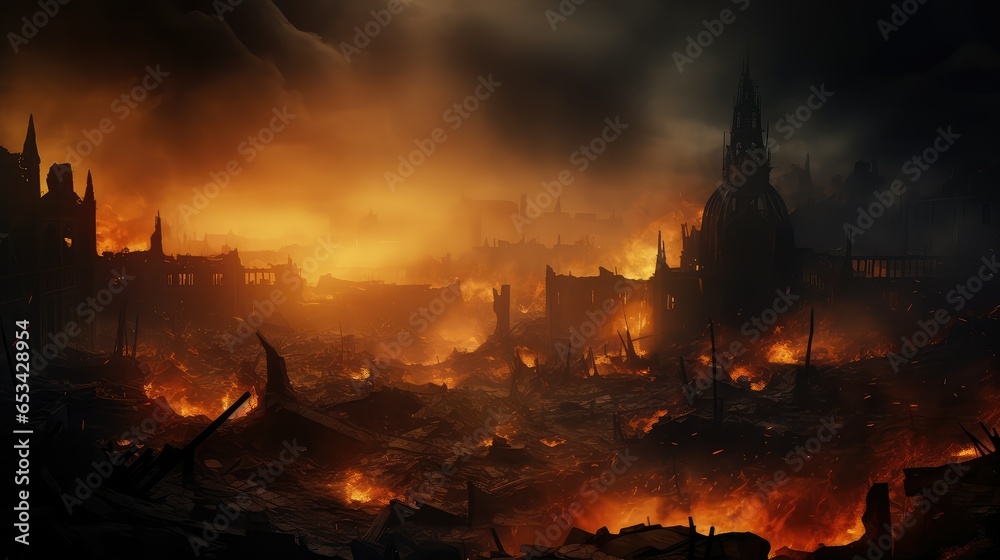 war destroyed city fire illustration destroy background, red explosion, danger apocalypse war destroyed city fire