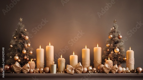  a group of lit candles sitting next to a christmas tree.  generative ai