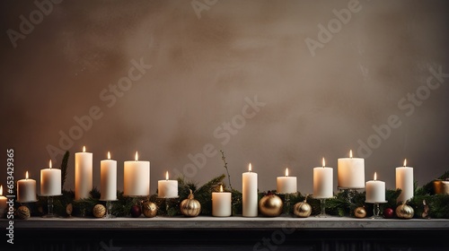  a table topped with lots of white candles and christmas decorations. generative ai