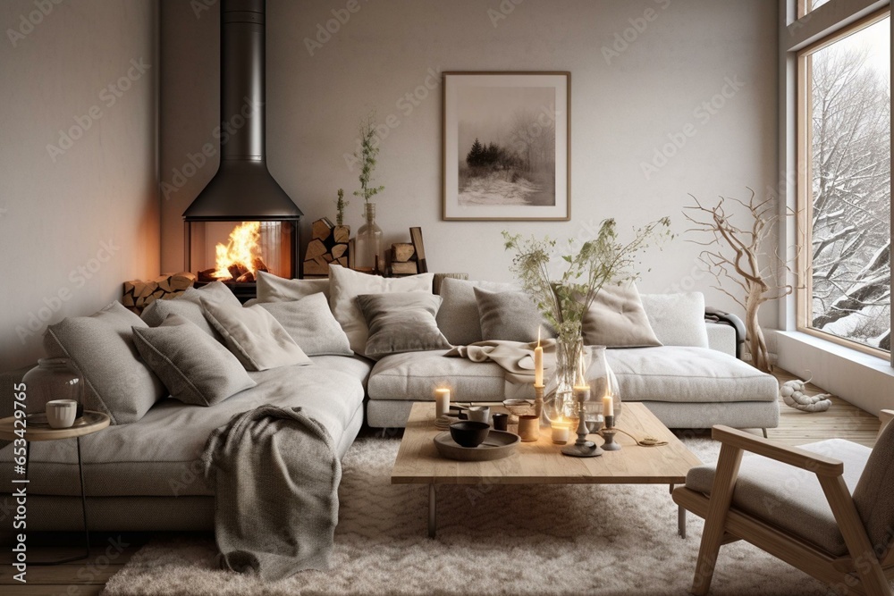 Cozy and inviting Scandinavian living space. Generative AI