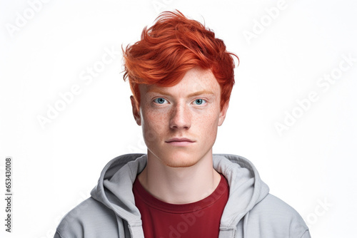 A young man with red hair wearing a hoodie. This image can be used to depict a modern  casual  or urban lifestyle.