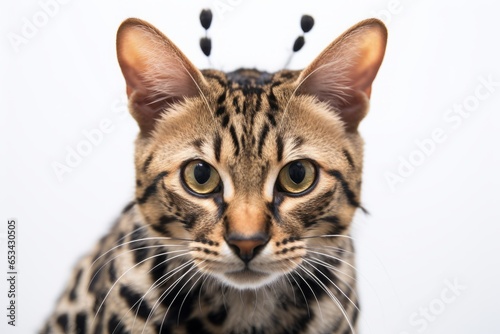 savannah cat wearing a spider costume against a white background
