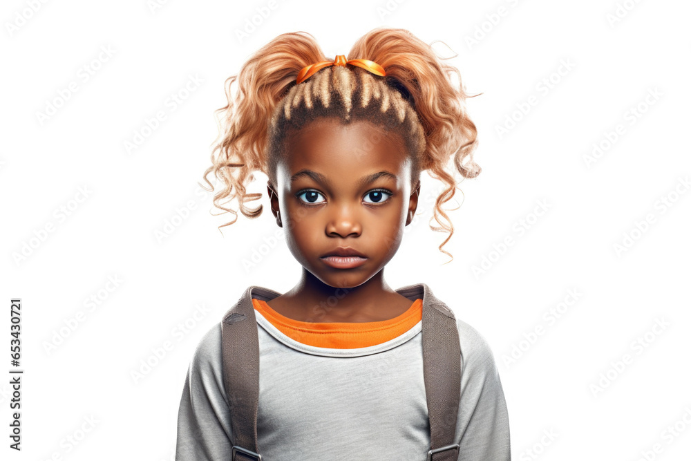 A charming little girl with blonde hair and a vibrant orange bow. Perfect for adding a touch of cuteness and innocence to any project.