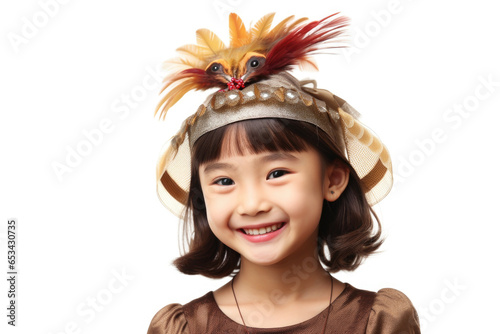 A charming little girl wearing a hat adorned with feathers. This image can be used for fashion, children's clothing, or outdoor-themed projects.