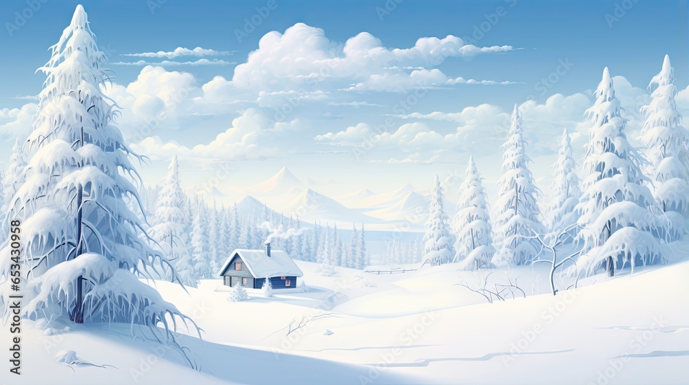  a painting of a snowy landscape with a cabin in the foreground.  generative ai