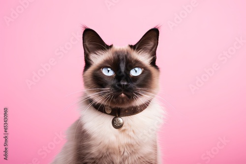balinese cat wearing a pirate hat against a pastel or soft colors background