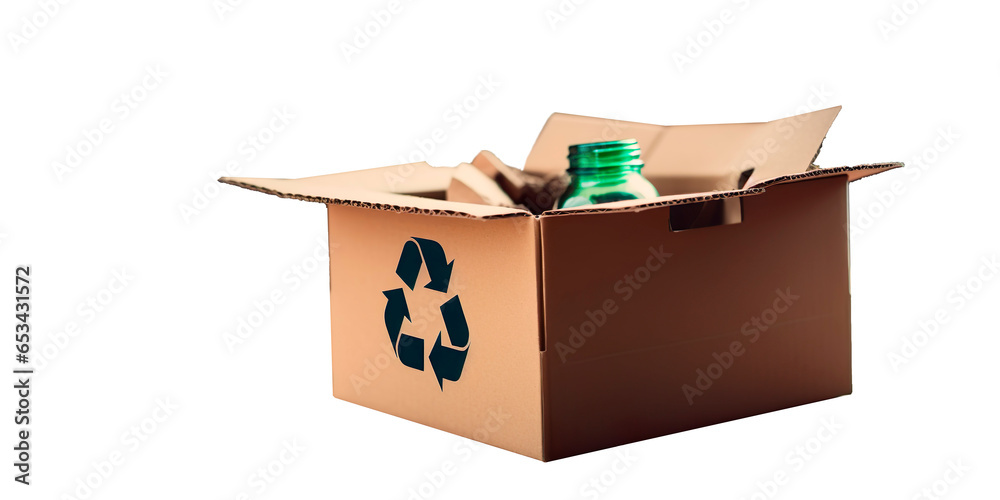 Cardboard box with items to recycle, with transparencies, PNG format