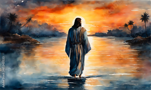Jesus silhouette walking on water in watercolor painting style.