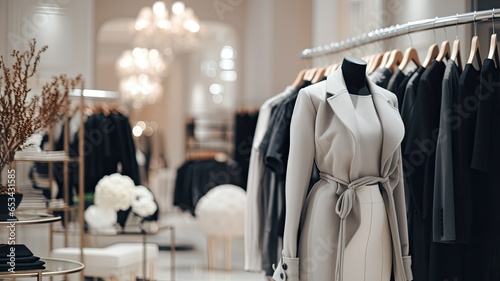 A sophisticated display of a white-gray-black coat and sweater on hangers in a high-end fashion store. These classic pieces showcase timeless elegance in women\'s fashion.