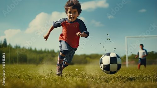A boy in his soccer uniform enthusiastically chases after the ball on a lush green field, with a football goal in the background. © lililia