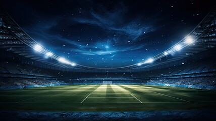 A football stadium lights up the night sky as the green pitch gleams under the floodlights, setting the stage for an exciting match.