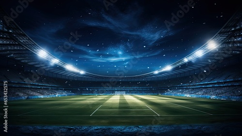 A football stadium lights up the night sky as the green pitch gleams under the floodlights, setting the stage for an exciting match. photo