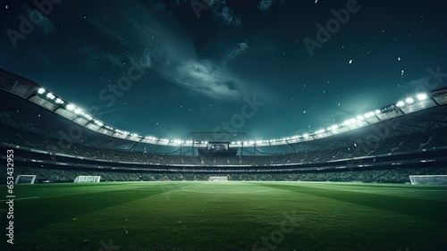 A football stadium lights up the night sky as the green pitch gleams under the floodlights, setting the stage for an exciting match. © lililia