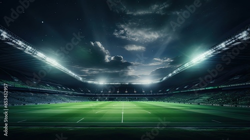 A football stadium lights up the night sky as the green pitch gleams under the floodlights, setting the stage for an exciting match.
