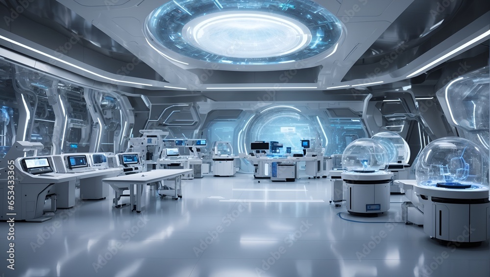 Futuristic looking medical or other research lab background. Future science and technology idea. Advance civilization concept. With copy space.  - obrazy, fototapety, plakaty 