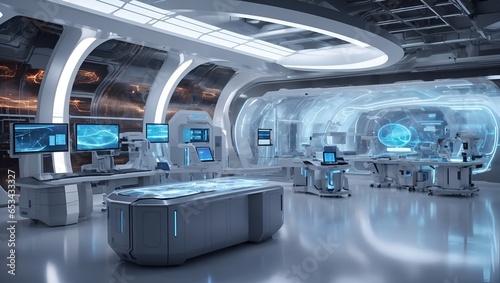 Futuristic looking medical or other research lab background. Future science and technology idea. Advance civilization concept. With copy space. 