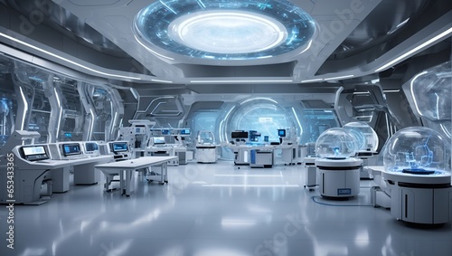 Futuristic looking medical or other research lab background. Future science and technology idea. Advance civilization concept. With copy space.  photo