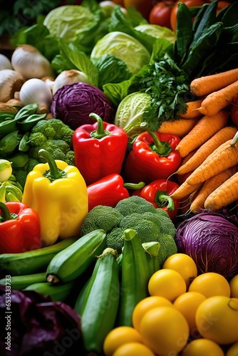 Vibrant colors and variety of fresh fruits and vegetables neatly arranged at a farmer's market stall. Generative AI
