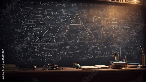 Chalkboard with written signs and numbers. Fictional retro mathematics and physics background. Study and learning idea. Science and education concept. With copy space. photo