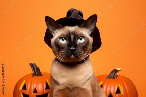 tonkinese cat wearing a pumpkin costume against a bright orange background photo