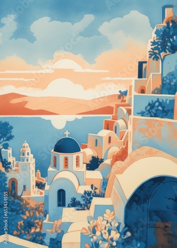 greek village of Santorini, vintage risograph style illustration © NAITZTOYA