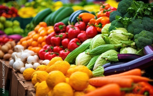 Vibrant colors and variety of fresh fruits and vegetables neatly arranged at a farmer s market stall. Generative AI