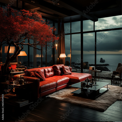 red living room design with sea view, in the style of moody chiaroscuro lighting, ricoh gr iii, national geographic photo, noir atmosphere, outdoor scenes, japanese contemporary, unreal engine 5 photo