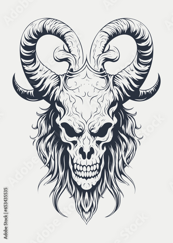 Black and white vector illustration of a devil or demon with horns on his head