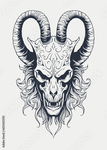 Monochrome vector illustration of a monster or mystical character with horns on his head