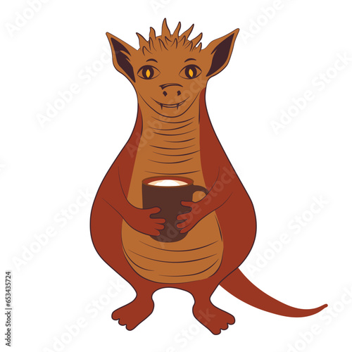 Cute dragon with a cup of coffee. Good morning. Woke up. Peruvian Dog. Vector stock illustration. Isolated on a white background.