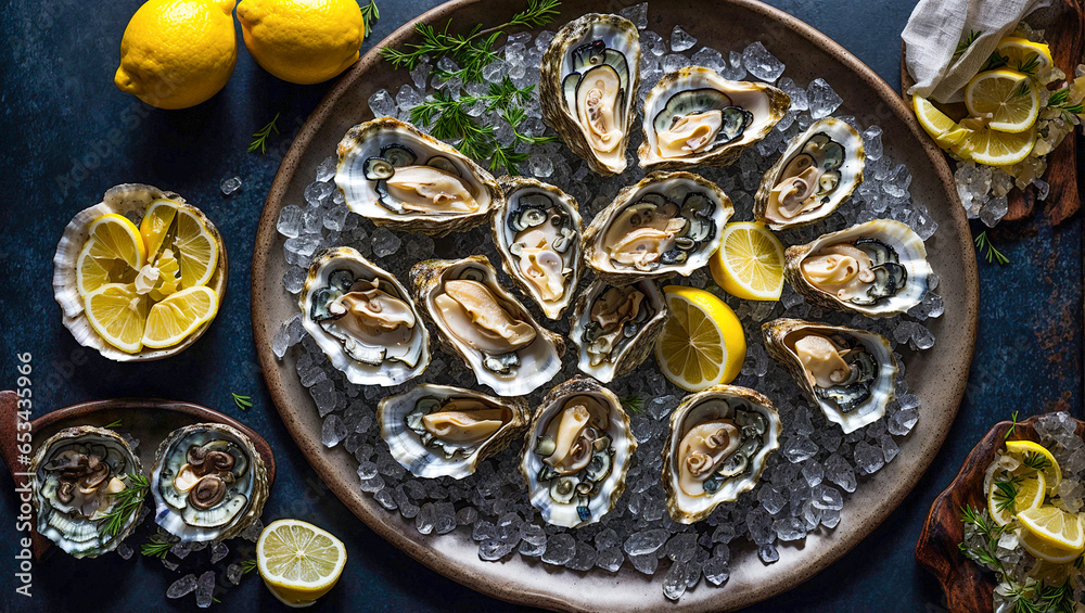 Fresh oysters, lemon, ice on old background Fresh oysters, lemon, ice on old background