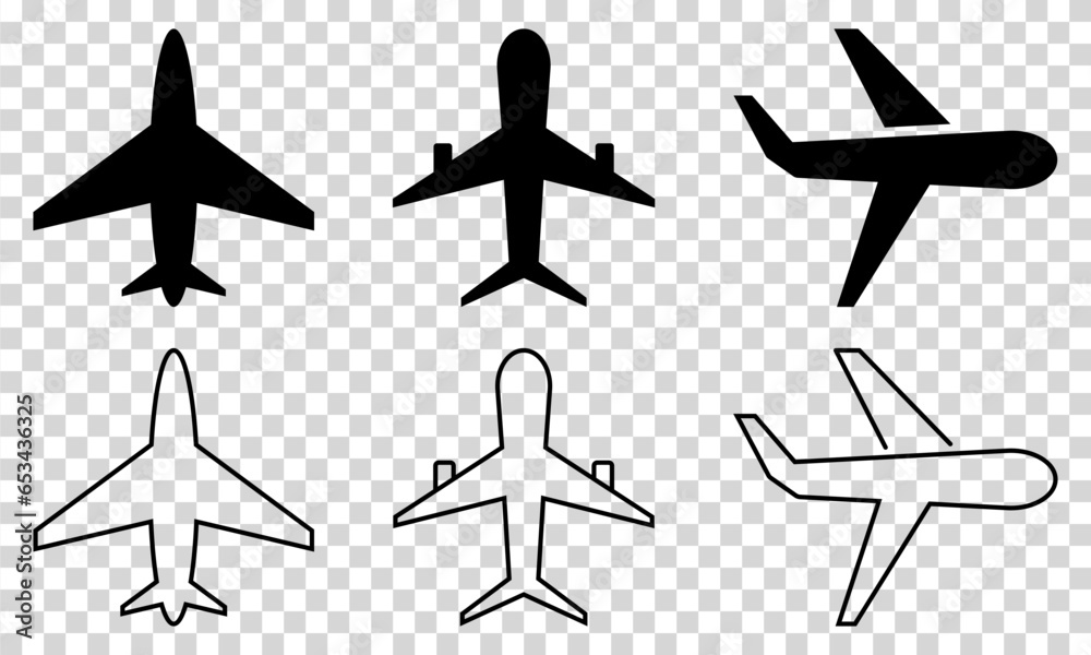 Set of airplane icon. Flight transport symbol. Vector illustration isolated on transparent background