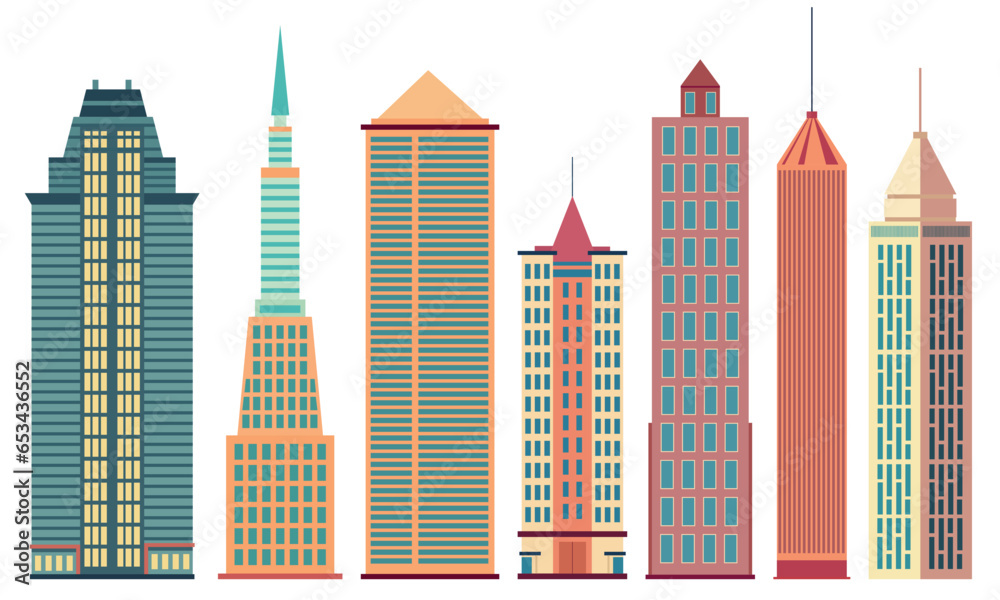 Set of skyscrapers in flat style. Collection of high business office building. Flat skyscrapers. Exterior of modern city buildings. Vector illustration.