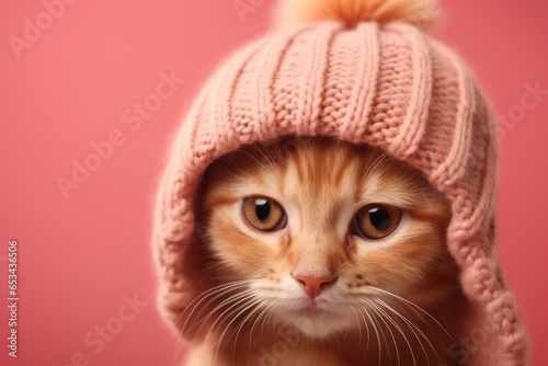 curious cheetoh cat wearing a cozy knit hat against a dusty rose background photo