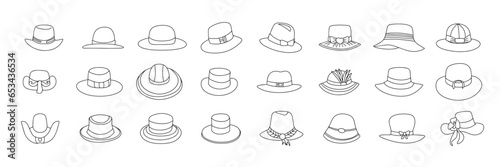 Set of fashion woman's and man's hat in doodle style. Hand drawn fashion hats isolated on white background. Outline hats icons set. Vector illustraiton
