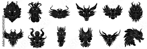 Set of dragon's head silhouette. Hand drawn dragon face silhouette symbol of 2024 year. Vector illustraiton.
