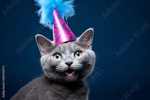 russian blue cat wearing a jester hat against a navy blue background