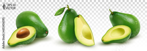 Vector set of ripe avocados. Fresh fruits and pieces. 3D realistic food illustration. Packaging design element