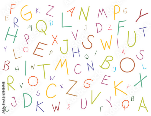 Mixed alphabet pattern background. Freehand drawn colorful letters vector graphic.