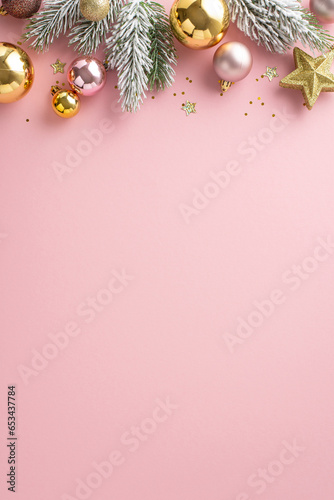 Sparkling New Year's Display: vertical top view of charming tree ornaments, shimmering star, pink and gold balls, sequins, pine twigs with frost on soft pink backdrop. Perfect for your holiday message