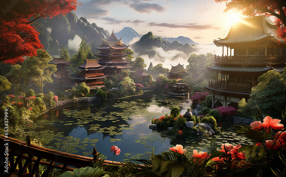 China, beautiful landscape at sunset with mountains, lake and traditional houses