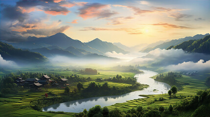 Papier peint photo Beige China, beautiful landscape at sunset with mountains, lake and traditional houses  © IRStone