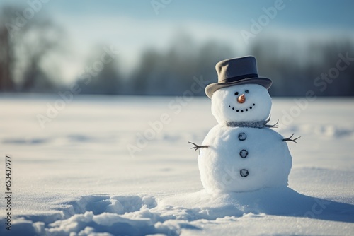 Snowman in a hat and scarf  during sunny weather in the snowy field with distant, blurred trees in the backdrop © Schizarty
