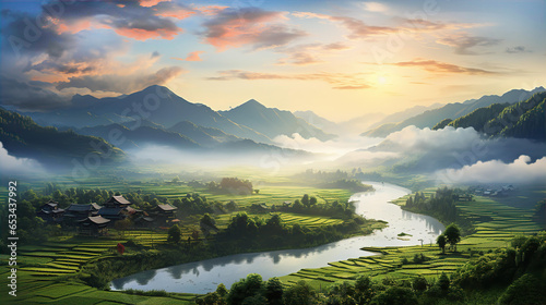 China, beautiful landscape at sunset with mountains, lake and traditional houses © IRStone
