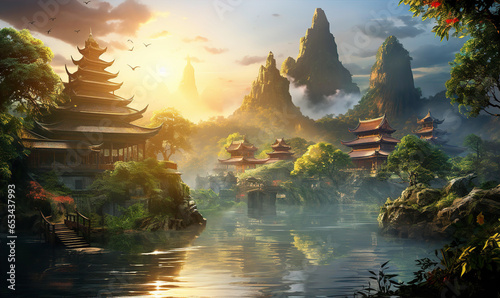 China, beautiful landscape at sunset with mountains, lake and traditional houses