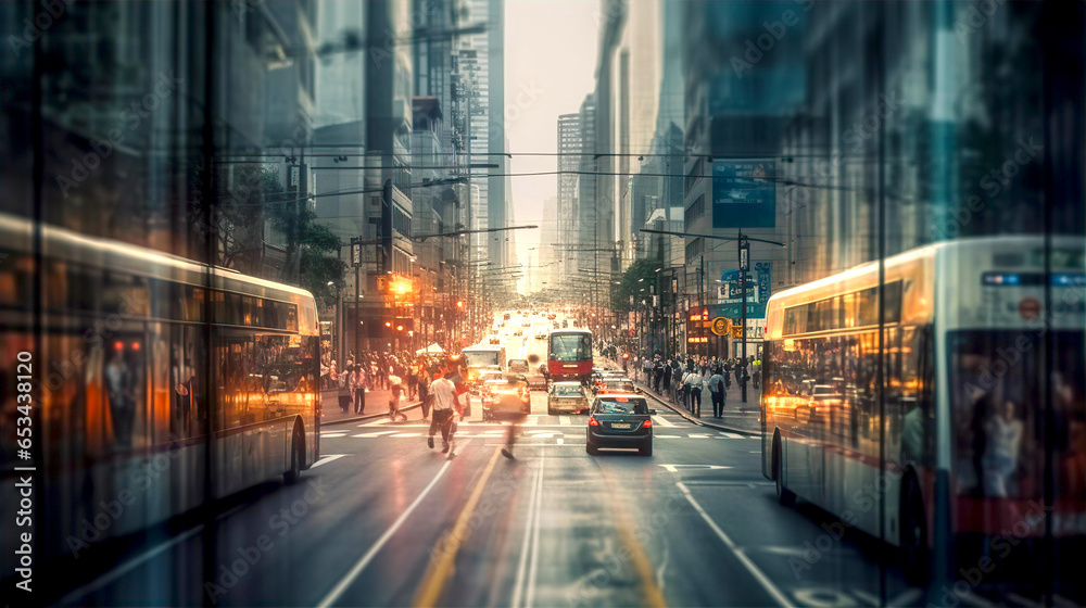 City street perspective view with lots of cars and busses, motion blur with beautiful lights and sunset reflections 